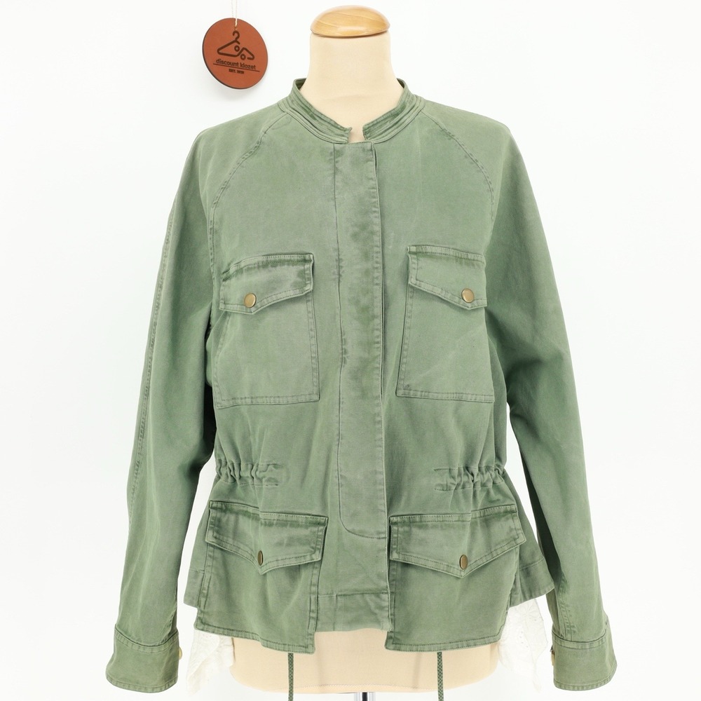 Anthropologie Green Utility Jacket White Eyelet Lace Hem Inset‎ Drawstring Small